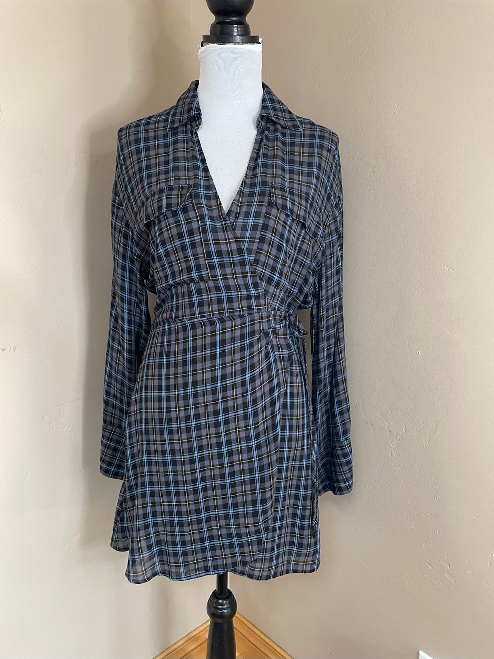 MNG Women’s Plaid Wrap Dress in Blue, Grey, Black and Yellow, Size 6
